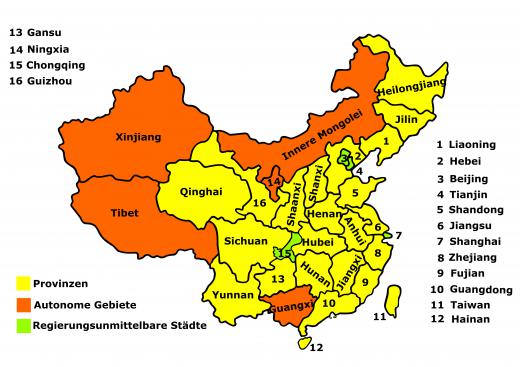 A political map of China, including the provinces.