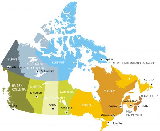 The boundaries of Canada's provinces and territories are shown on a political map.